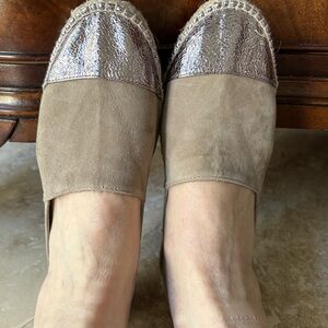 Lara Espadrilles Women's Taupe Suede Espadrille Flats with Metallic Toe